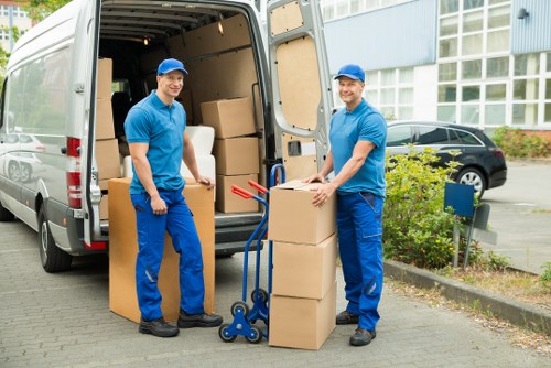 Packed office equipment ready for relocation